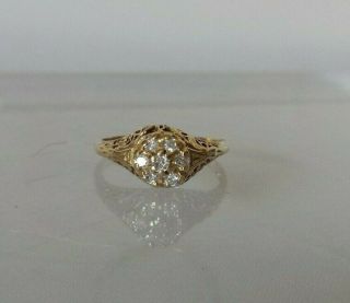 14k Yellow Gold.  25 Tcw Vintage Diamond Filigree Cluster Ring Sz 7 Estate Find