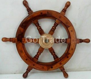 24 " Captain Wooden Ship Steering Wheel With Brass Handle Nautical Sailing Decor