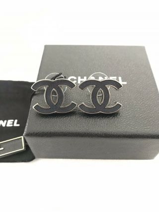 Chanel Black Leather Cc Logo Ruthenium Rare Classic Pierced Earrings