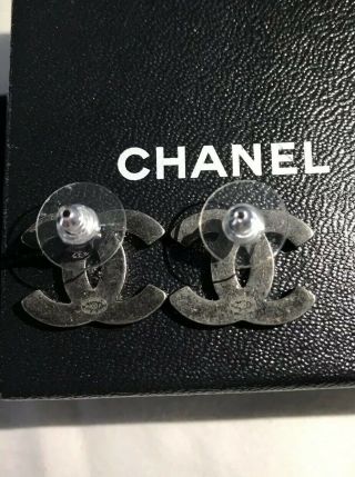CHANEL Black Leather CC Logo Ruthenium RARE Classic Pierced Earrings 5