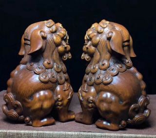 Collectable Handwork Boxwood Carve Roar One Pair Lion Souvenir Delicate Statue 3