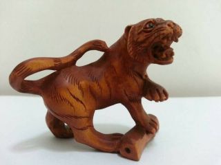 19th Japanese Handmade Boxwood Wood Netsuke " Tiger " Figurine Carving