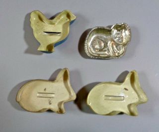 CHILD ' S VINTAGE 1930 ' s 3 TIN TOY ANIMAL SHAPES COOKIE CUTTERS & 1 KITTY MOLD 2