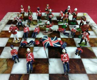Vintage Hand Painted Lead And White Metal British Toy Soldiers With Flag