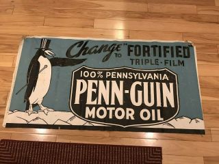 Vintage Penguin Motor Oil Banner Rare