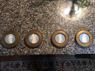 Gorgeous Early Set Of 4 Wedgwood Antique Jasper Ware Framed In Brass Medallions