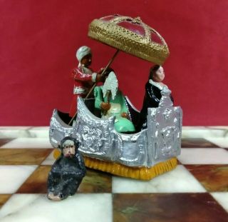 Rare Vintage Hand Painted Indian People In A Howdah With Monkey