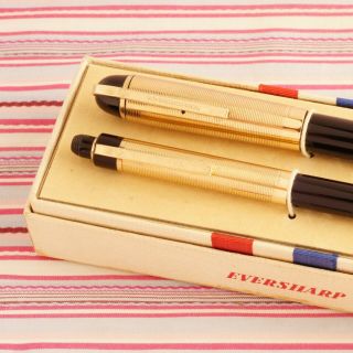 Vintage Eversharp Skyline Double - Tick Emblem Gold Fountain Pen Pencil Boxset