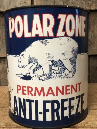 Vintage Polar Zone Anti Freeze 1 Gallon Not Oil Can Polar Bear Graphics Sign