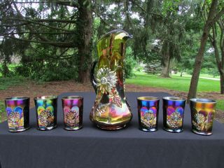 Northwood Dandelion Antique Carnival Glass Complete 7 Pc.  Water Set Purple