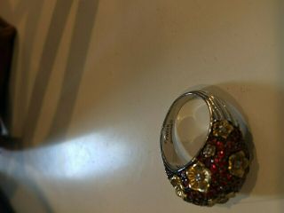 Authentic Stephen Dweck Sterling Red Sapphire Diamonds Gold Flower Ring - Size 9 3