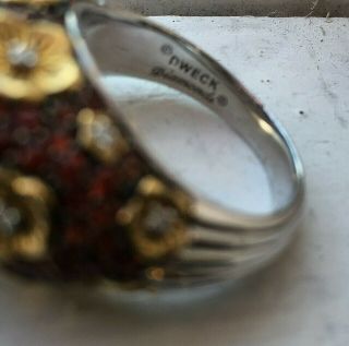 Authentic Stephen Dweck Sterling Red Sapphire Diamonds Gold Flower Ring - Size 9 8