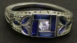 Antique 18k Wg 1.  23ct Diamond & Blue Sapphire Filigree Cocktail Ring Size 5