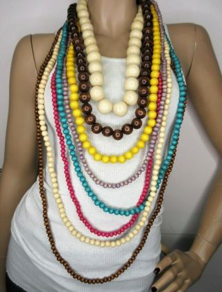 Oversized 8 Strand Multi Color Wood Bead Runway Necklace W/ Great Colors