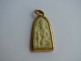 Vintage 24k Yellow Gold & Hand Carved Bone Buddha Pendant - 1 - 1/2 "