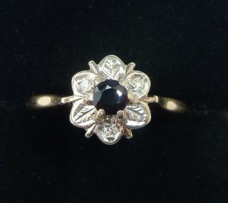 Vintage 9ct Gold Sapphire & Diamond Flower Ring,  Size N 1/2