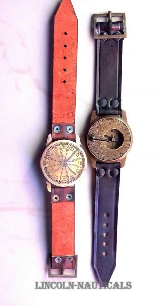 Nautical Brass Sundial Compass Wrist Watch Leather Strap.