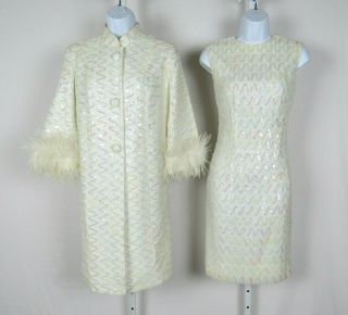 Vtg 1950s 60s Nettie Rosenstein Sequin Dress & Coat Ostrich Feather Trim Cream