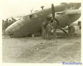 Org.  Photo: Crash Landed B - 25 Bomber Nose Down On Airfield; 1944 (2)
