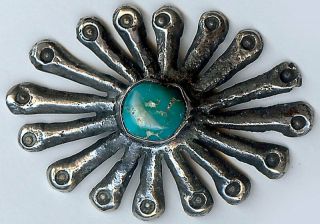 Large Dimensional Vintage Navajo Indian Cast Silver Turquoise Star Burst Button