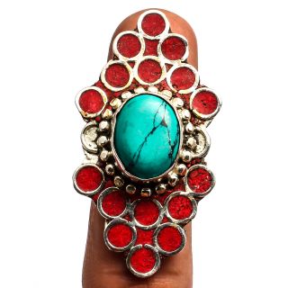 Tibetan Turquoise Ring 925 Sterling Silver Jewelry Ethnic Jewelry Szadjustable