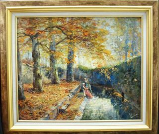 Large 19th Century French Impressionist Women Washing Antique Oil Painting