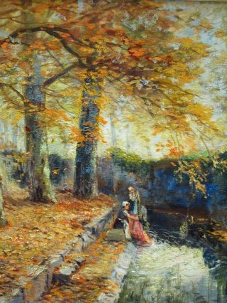 LARGE 19th Century FRENCH IMPRESSIONIST WOMEN WASHING Antique Oil Painting 5