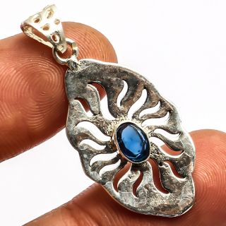 Blue Sapphire Pendant 925 Sterling Silver Handmade Jewelry Sz1.  56 "