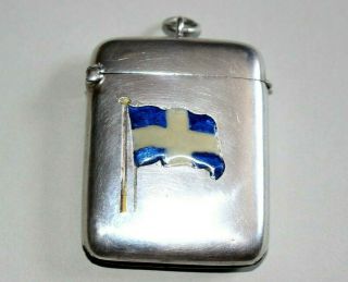 Solid Silver Vesta Case.  Chester 1909.  Enamel Flag.  Sweden?