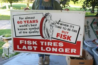 Large Vintage 1962 Fisk Tires Gas Station 48 " Embossed Metal Sign