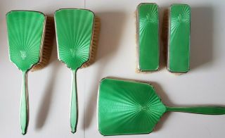 William Neale And Sons Hm Sterling Silver & Guilloche Enamel 5 Brush 1931 Set