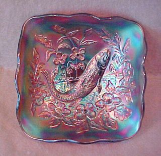Rare Square Millersburg Carnival Amethyst Trout & Fly Bowl