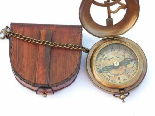 Compass Push Steampunk With Leather Case And Chainopen Brass Sundial Compass -