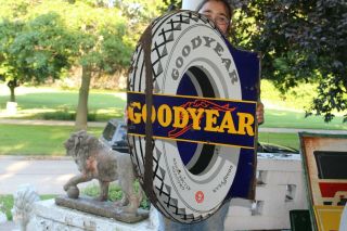 Rare Vintage C1930 Goodyear Tires Gas Oil 2 Side 34 " Porcelain Metal Flange Sign