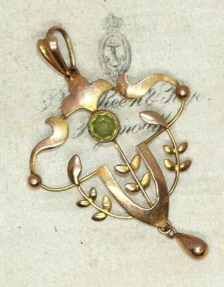 Pretty Art Nouveau Edwardian Peridot 9 Ct Rose Gold Pendant