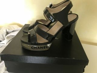 Chanel Black Heels Sandals 37 Patent Leather Vintage