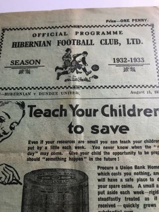 Rare 1932 Hibernian Hibs Dundee Utd Programme