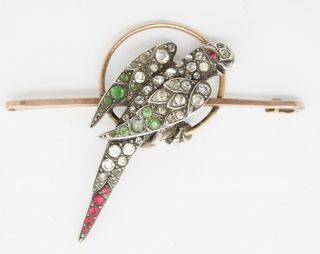 ANTIQUE VINTAGE ART DECO 9ct Rose Gold & Silver Bar Brooch Pin PASTE PARROT BIRD 2
