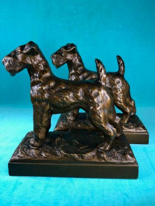 Outstanding Vintage Armor Bronze Bookends Of Airedale Terrier Dogs,  Bronze Clad