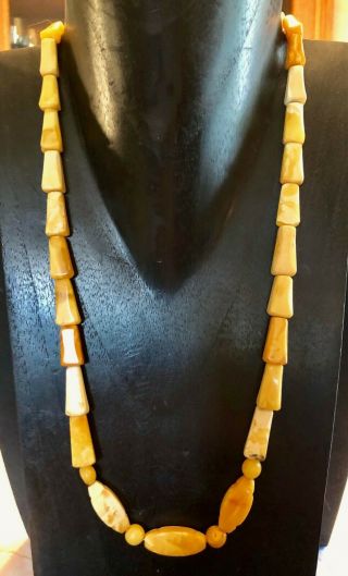 Vintage Baltic Amber Egg Yolk Butterscotch & White Carved Bead Necklace 35.  8 G