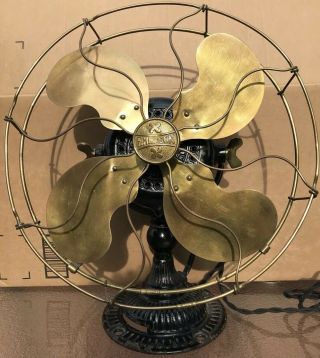 Antique Emerson Type 11646 Ribbed Ornate Base Brass Blade Cage Electric Fan