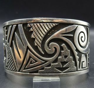 Heavy Vintage Hopi Sterling Silver Overlay Cuff Bracelet Intricate Symbols 77g