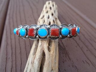 Vtg Navajo Sterling Silver Turquoise & Coral Cuff/bracelet Signed