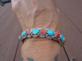 VTG Navajo Sterling Silver Turquoise & Coral Cuff/Bracelet Signed 4