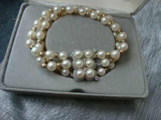 Estate Vintage Solid 14k White Gold Multi Strand Cultured Pearl Bracelet 7.  5 "