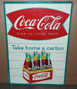 Rare 1959 Coca Cola Fishtail Take Home A Carton Metal Sign Regular Size 20x28 "