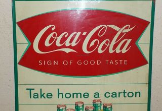 RARE 1959 COCA COLA FISHTAIL TAKE HOME A CARTON METAL SIGN REGULAR SIZE 20x28 