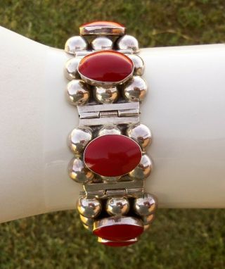 Vtg Taxco Mexico Sterling Silver 925 Red Coral Modernist Bracelet 116.  5 Gr Tb - 52