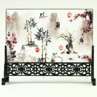 China Lacquerware Handwork Plum Blossom Orchid Bamboo&chrysanthemum Screen R3007