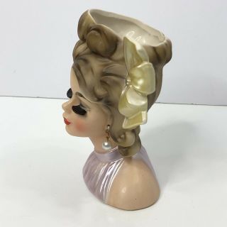 Vintage Lady Head Vase Pearly Girl Brown Hair Big Bow Pearl Earring Purple 6 